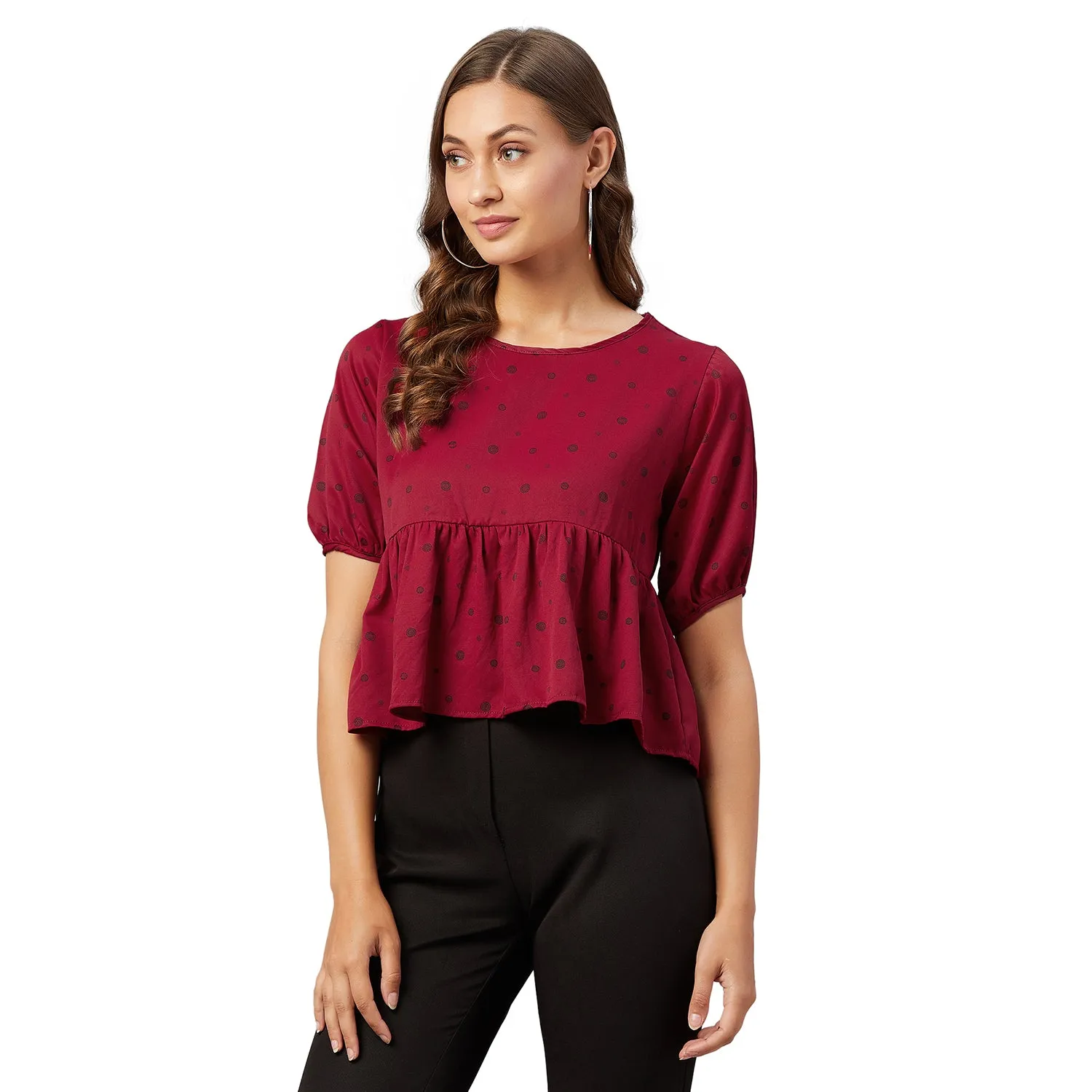 Chimpaaanzee Women Maroon Doted Ruffled Style Top