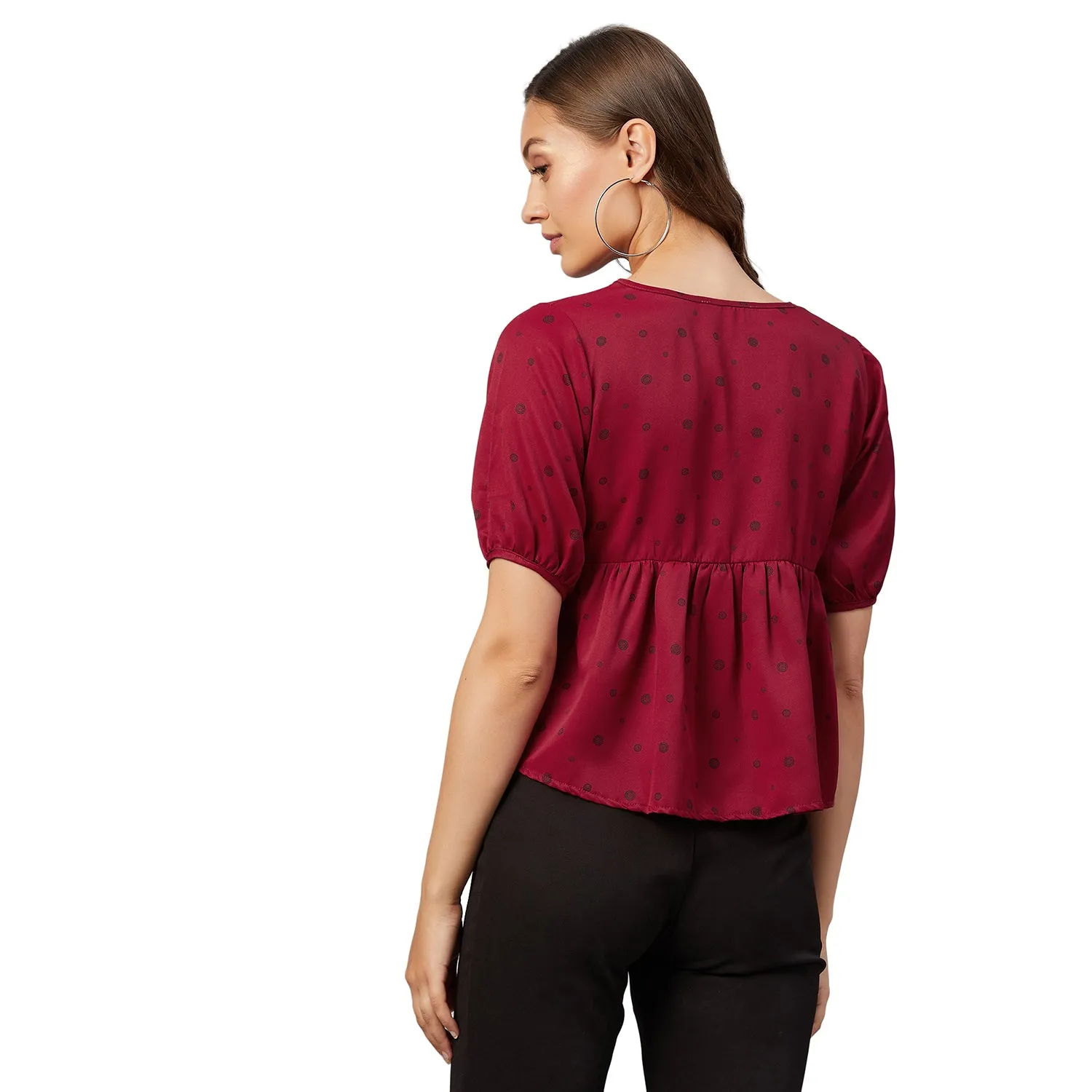 Chimpaaanzee Women Maroon Doted Ruffled Style Top