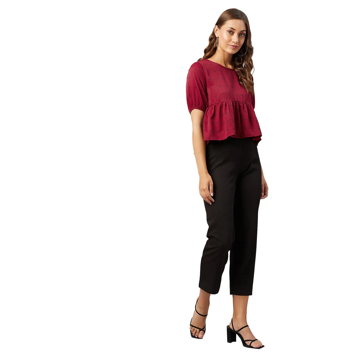 Chimpaaanzee Women Maroon Doted Ruffled Style Top