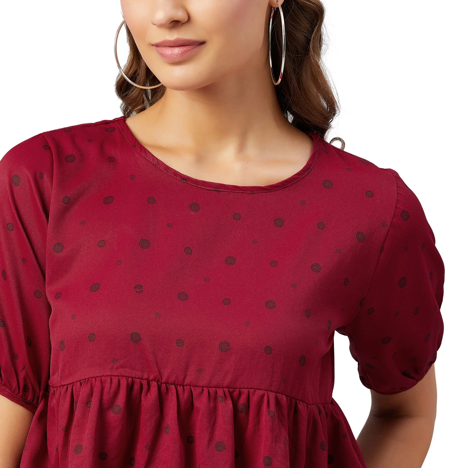 Chimpaaanzee Women Maroon Doted Ruffled Style Top
