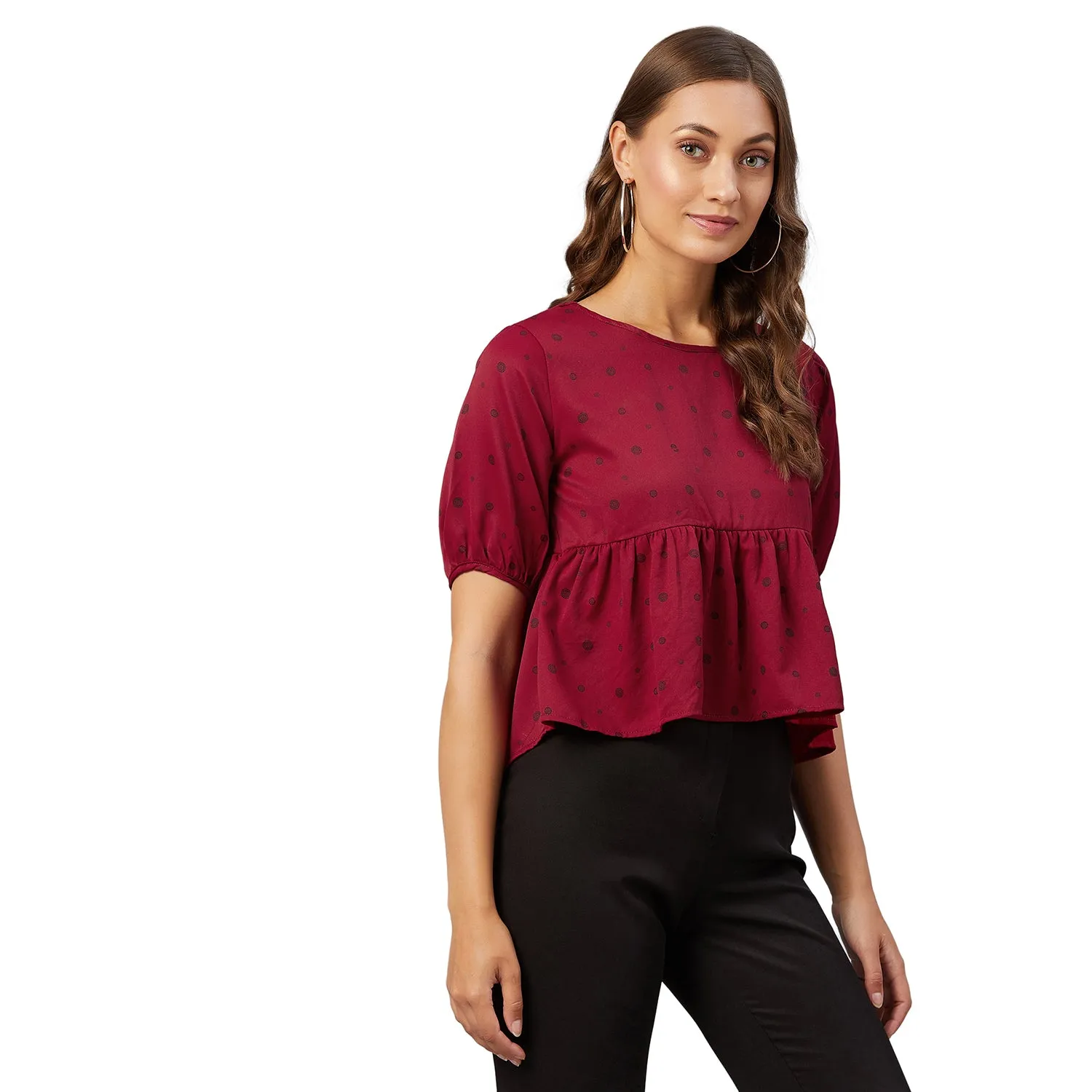 Chimpaaanzee Women Maroon Doted Ruffled Style Top