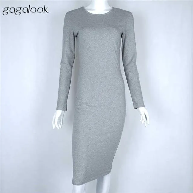 gagalook Bodycon Winter Dress Women Office Work Long Sleeve Sexy Black Midi Dress Robe D0746