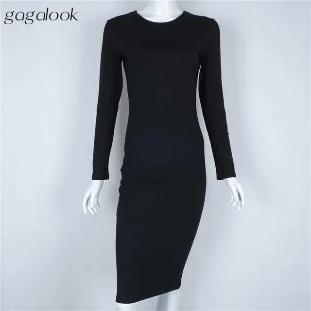 gagalook Bodycon Winter Dress Women Office Work Long Sleeve Sexy Black Midi Dress Robe D0746
