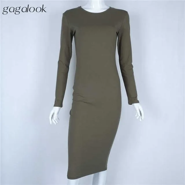 gagalook Bodycon Winter Dress Women Office Work Long Sleeve Sexy Black Midi Dress Robe D0746