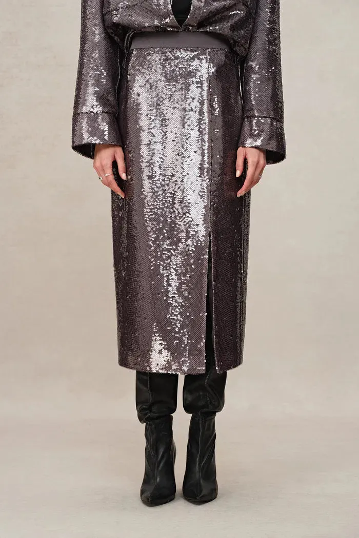 Layering Slit Midi Skirt in Shimmering Mermaid Sequins