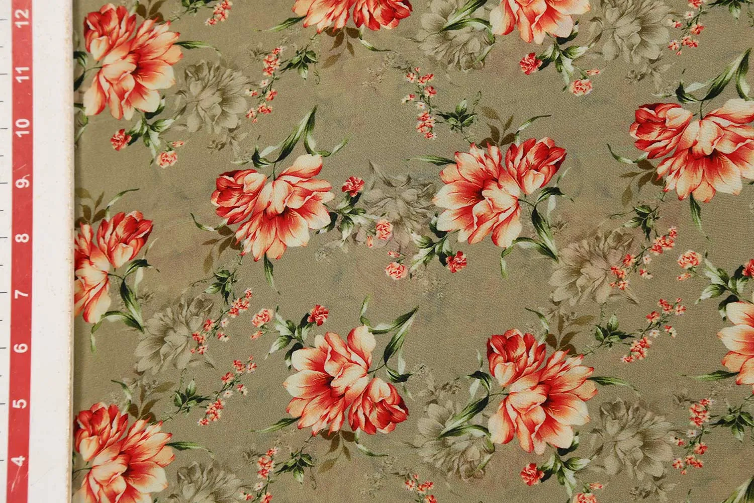 Olive 60 Gram Printed Silk Crepe Fabric