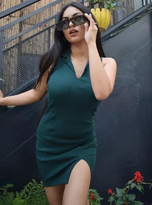 Tennis Dress : Burger Bae Bodycon V:Neck Collar Dress (Bottle Green) For Women