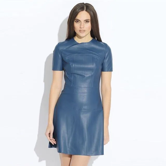 Women Fashion Leather  A-Line O-Neck Dress