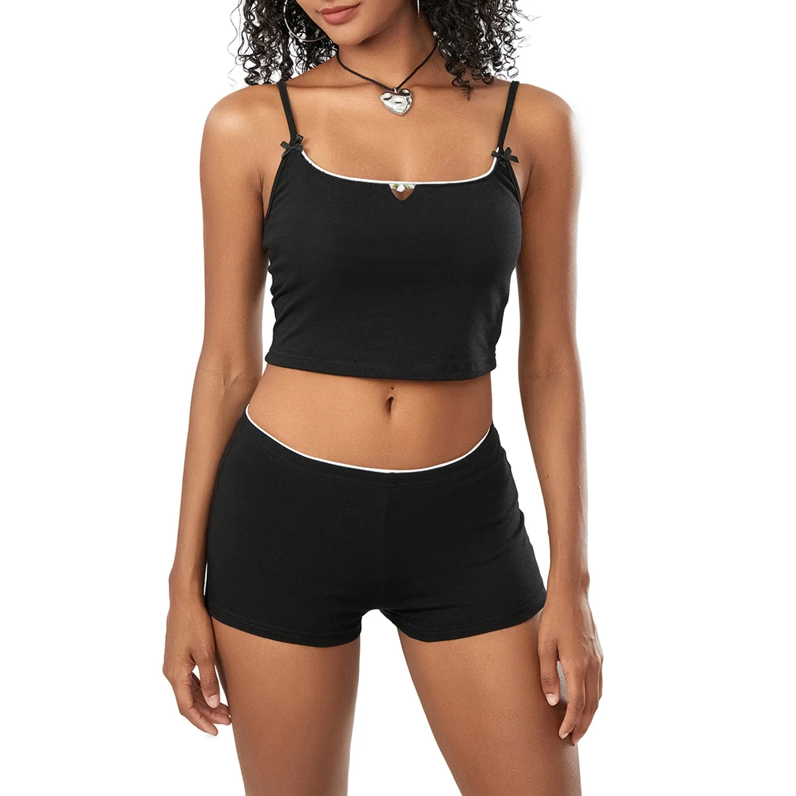 Women Summer Fairy Coquette Sexy 2 Piece Set Kawaii Spaghetti Strap Hollow Flower Camis Crop Tops Shorts Club Party Sexy Outfits